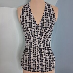 Express Silk Y2K Polka Dot Halter Top Black Grey White Ruched V-Neck Size 2